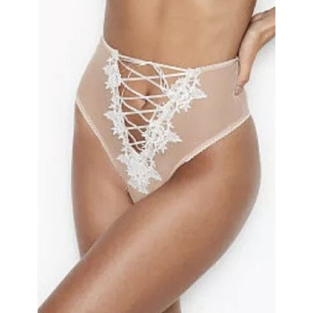 Victorias Secret Dream Angels Coconut White High Waist Thong Sz S Lace Up Mesh